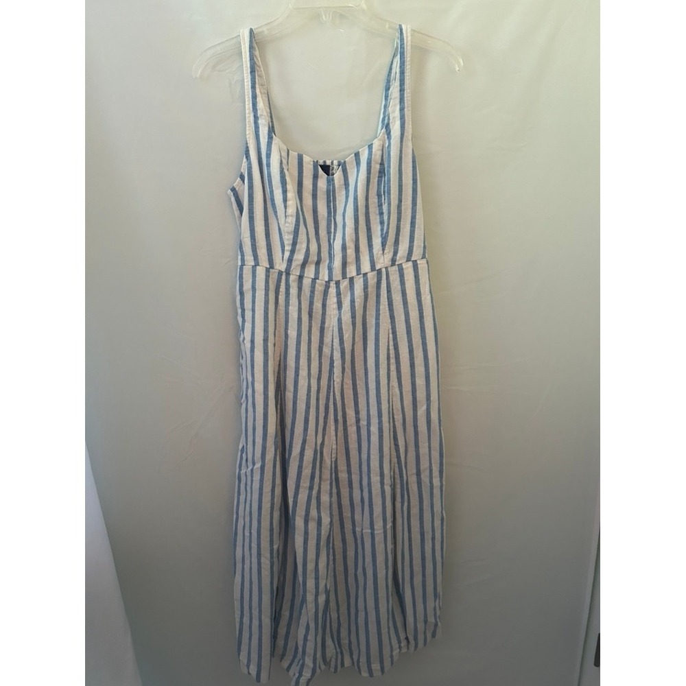 Old Navy Blue White Striped Linen Blend Wide Leg Jumpsuit Smocked Back Large
